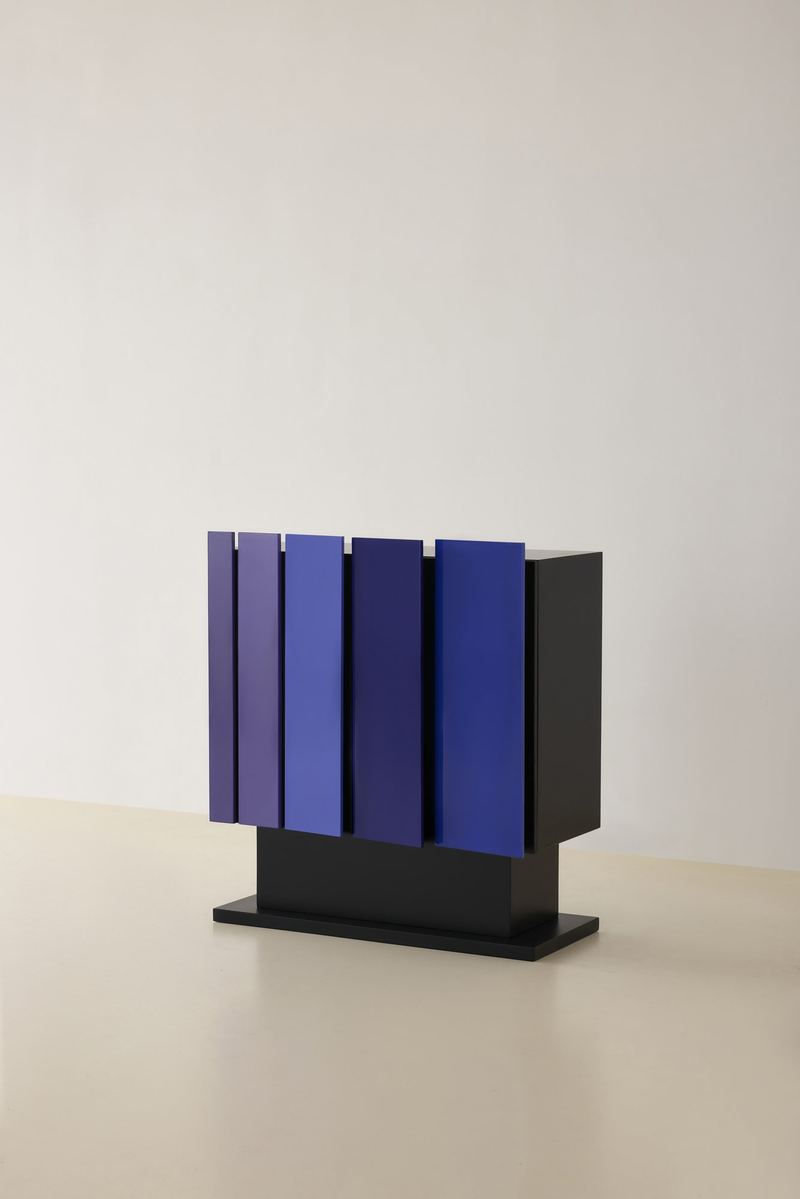 Organ Cabinet in matte black with blue-violet vertical panels